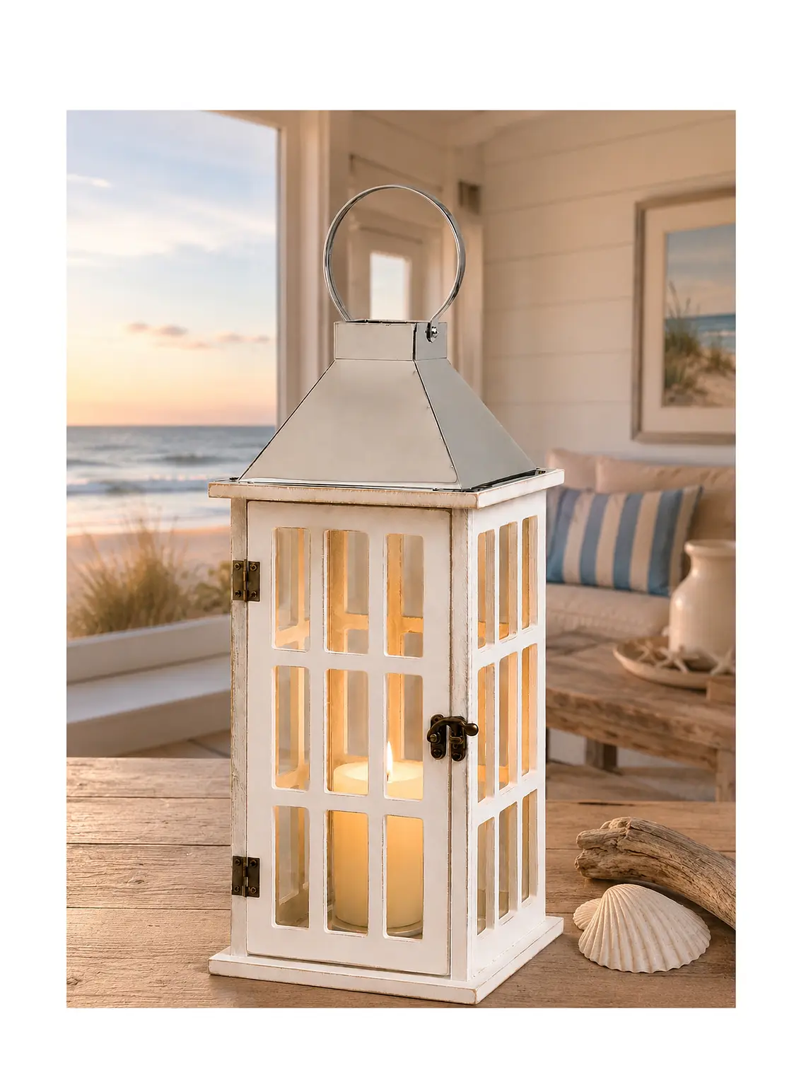 Farol de Adorno de estilo rústico en madera, latón y  vidrio 39cm altura 4