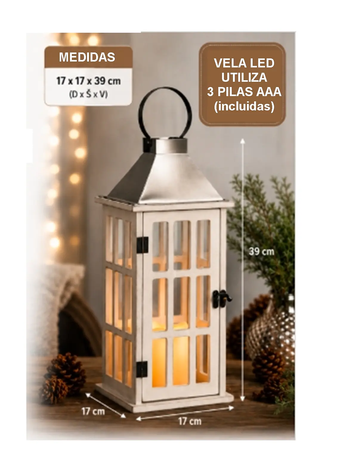 Farol de Adorno de estilo rústico en madera, latón y  vidrio 39cm altura 5