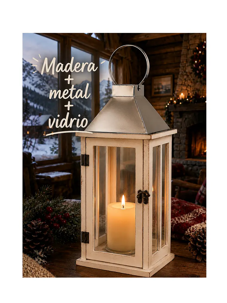 Farol de Adorno de estilo rústico en madera, latón y  vidrio 39cm altura 6