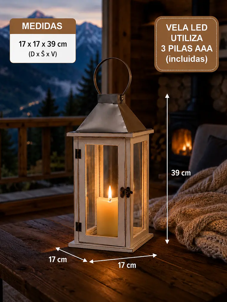 Farol de Adorno de estilo rústico en madera, latón y  vidrio 39cm altura 7
