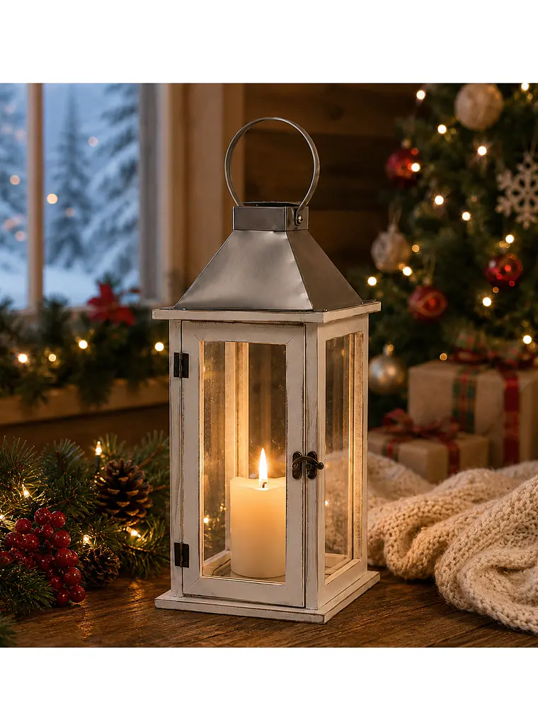 Farol de Adorno de estilo rústico en madera, latón y  vidrio 39cm altura 9