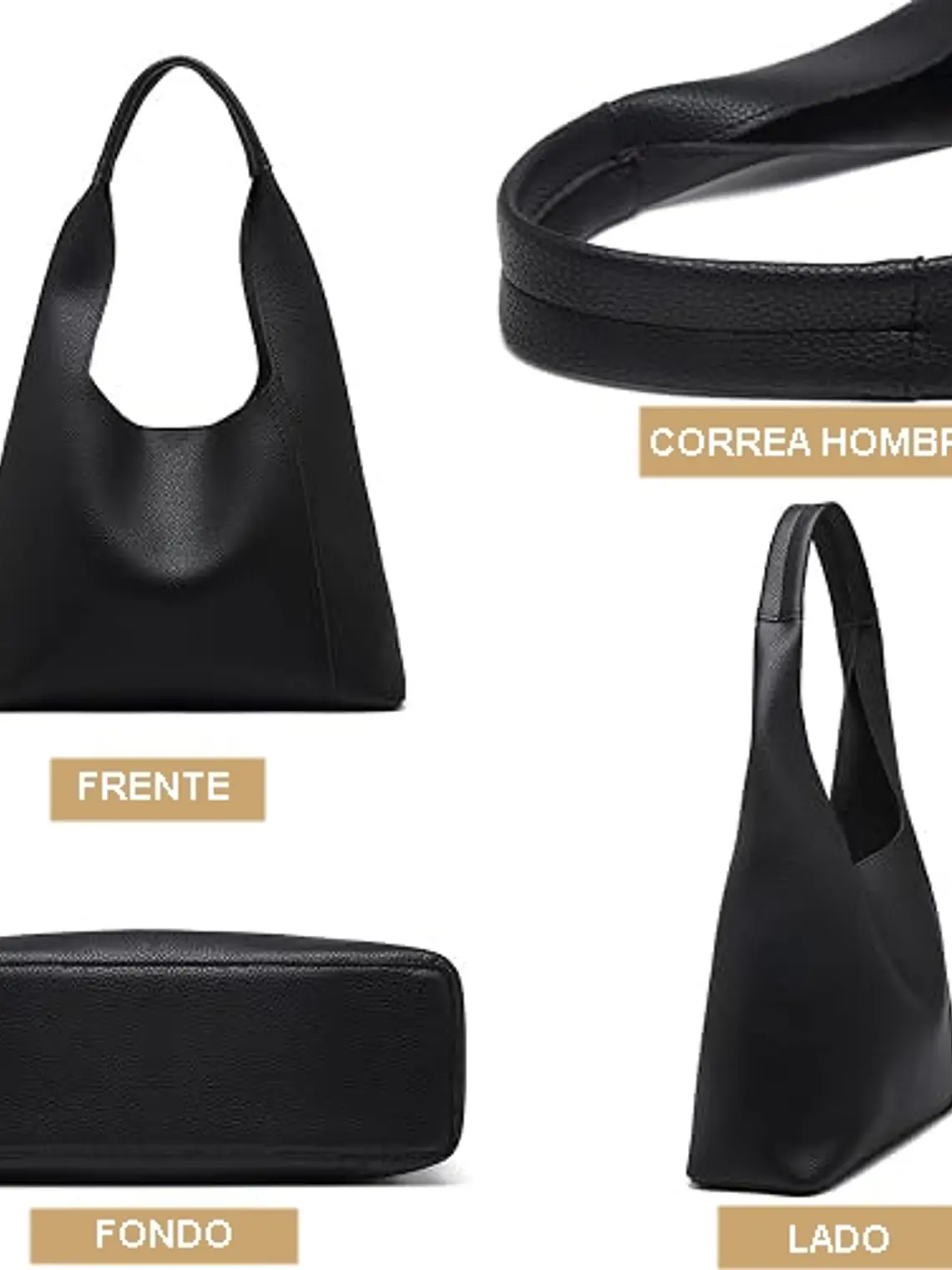 Tote bag color negro con broche sin cierres PU Negro textura cuero 3