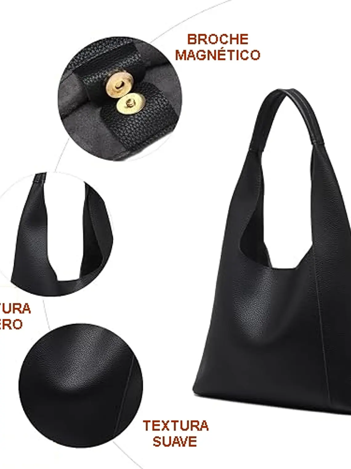 Tote bag color negro con broche sin cierres PU Negro textura cuero 4