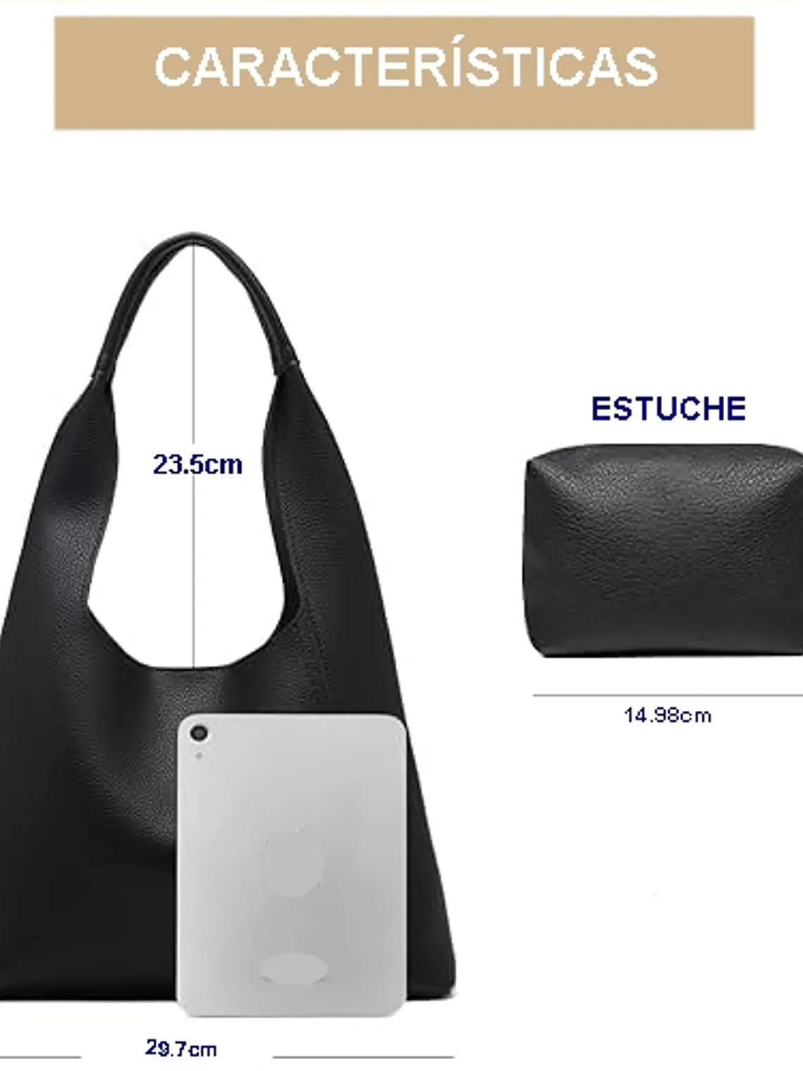 Tote bag color negro con broche sin cierres PU Negro textura cuero 5
