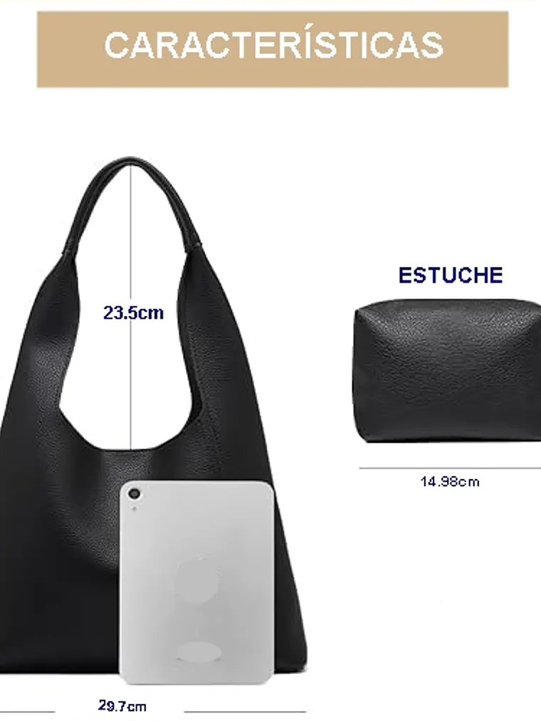 Tote bag color negro con broche sin cierres PU Negro textura cuero 5