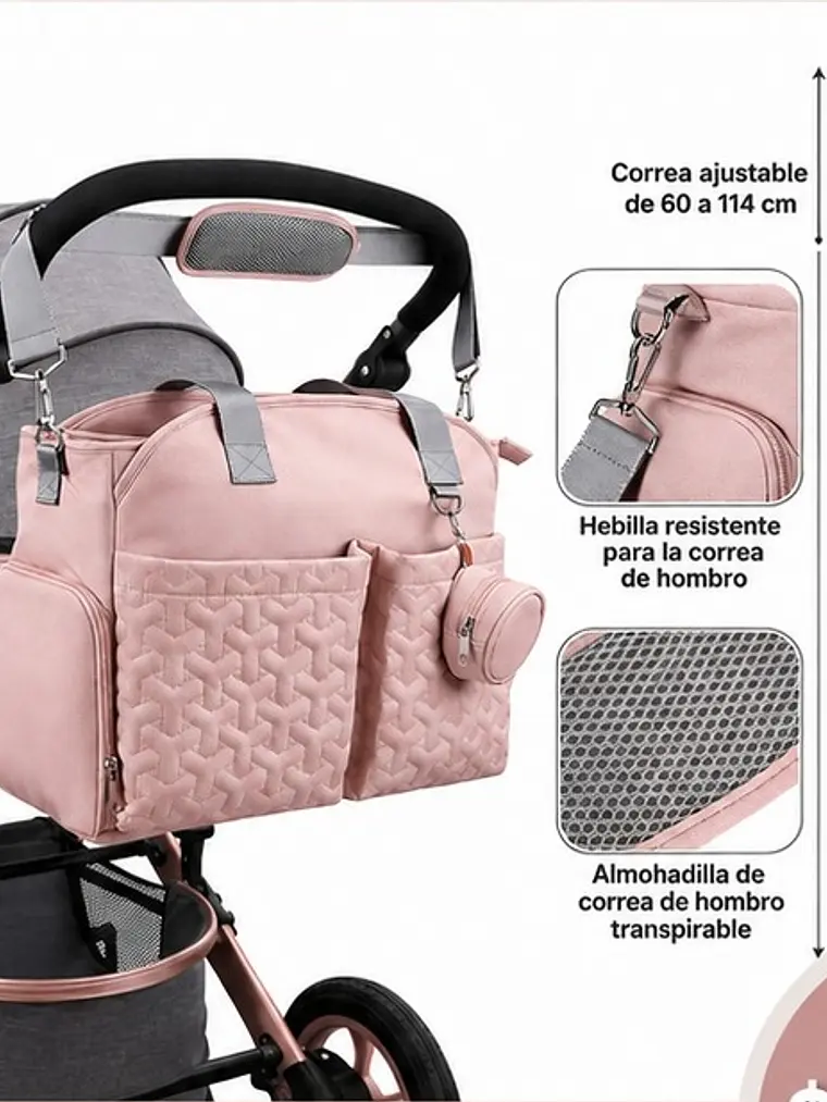 Bolso maternal rectangular muchos compartimientos Color Rosa 2