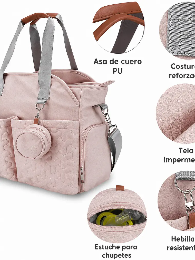 Bolso maternal rectangular muchos compartimientos Color Rosa 6
