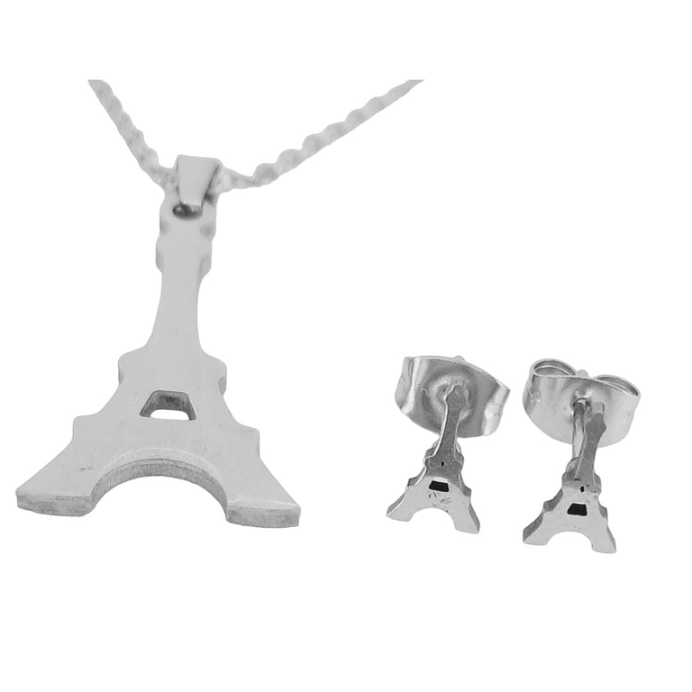 Juego de Aretes y Collar en Acero Diseño Torre Eiffel