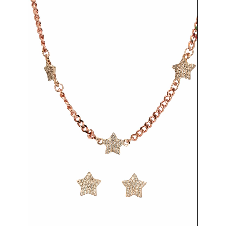 Juego De Aretes Y Cadena En Acero Diseño Estrellas Y Circones