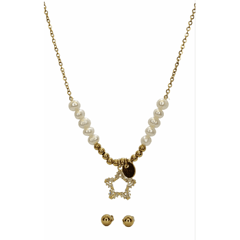 Juego De Aretes Y Collar En Acero Diseño Estrella Con Circones Y Perlas