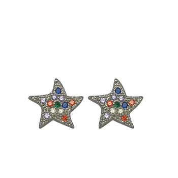 Aretes En Acero Plateados Diseño Estrella Con Circones De Colores