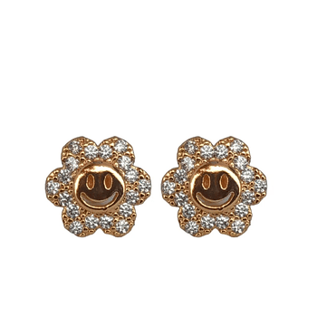 Aretes En Acero Dorados Diseño Flor Con Carita Feliz Y Circones