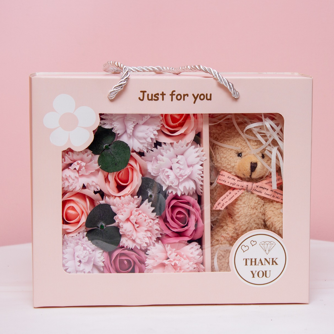 Arreglo Floral Rosado Artificial Con Osito 1