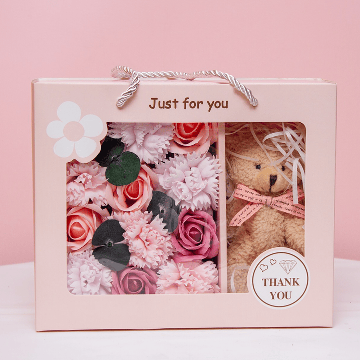 Arreglo Floral Rosado Artificial Con Osito 1