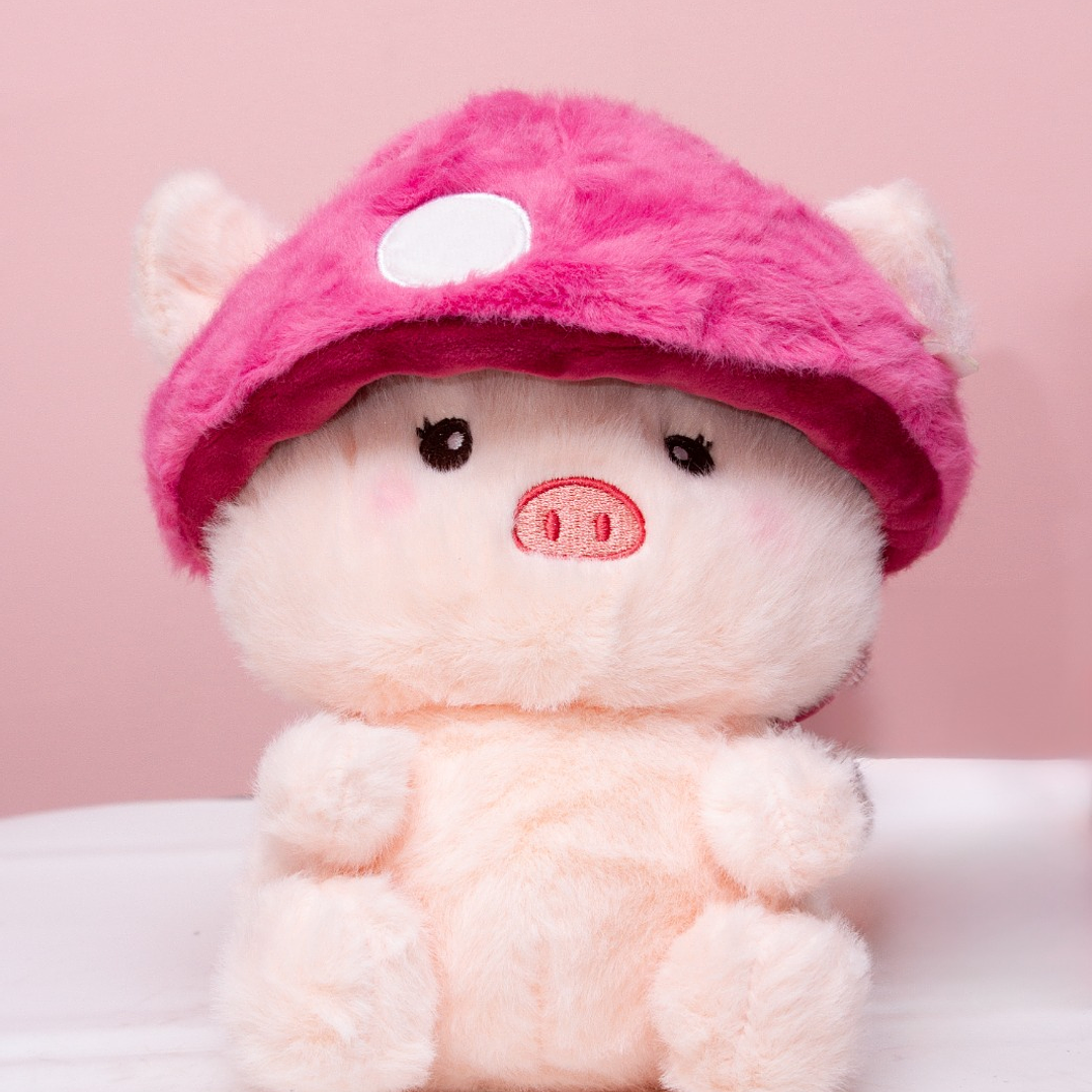 Peluche Cerdita Con Gorro De Hongo Rosada 1