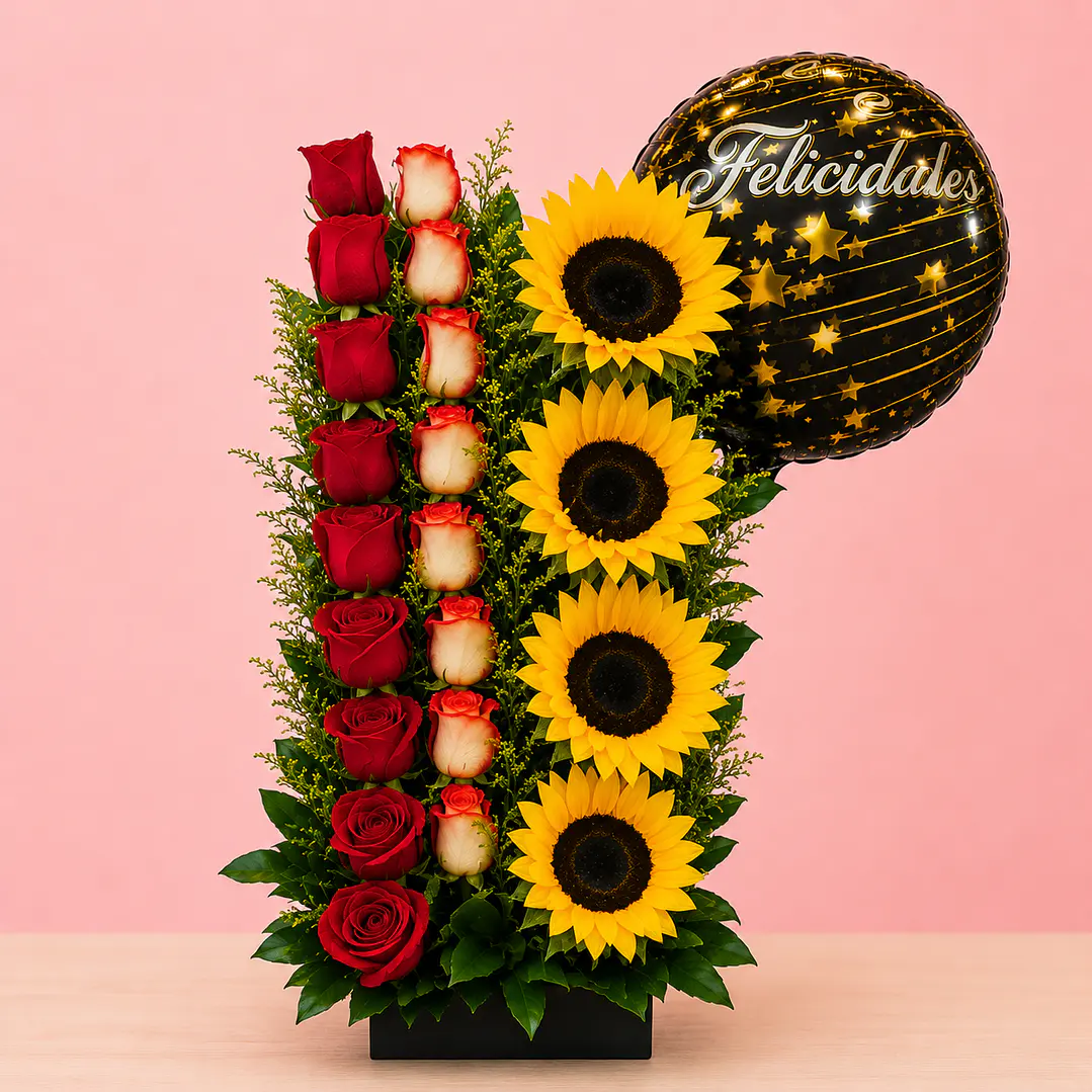 Arreglo Floral De Rosas Y Girasoles  1