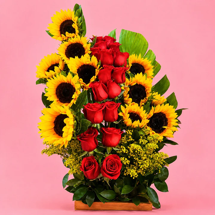Arreglo Floral Diseño Girón De Rosas Y Girasoles  1