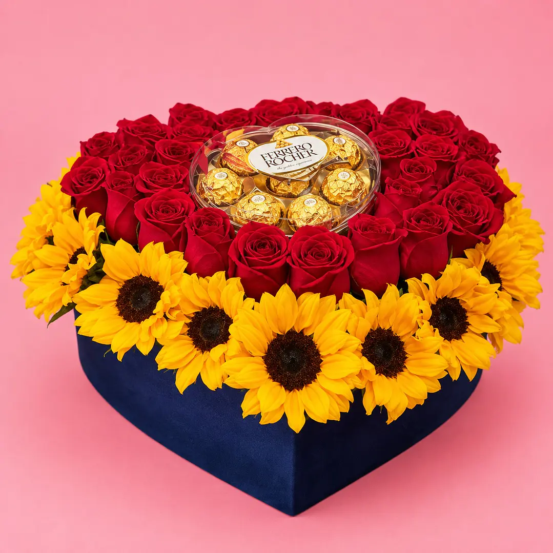 Arreglo Floral Amor de Chocolate Rosas Girasoles 1