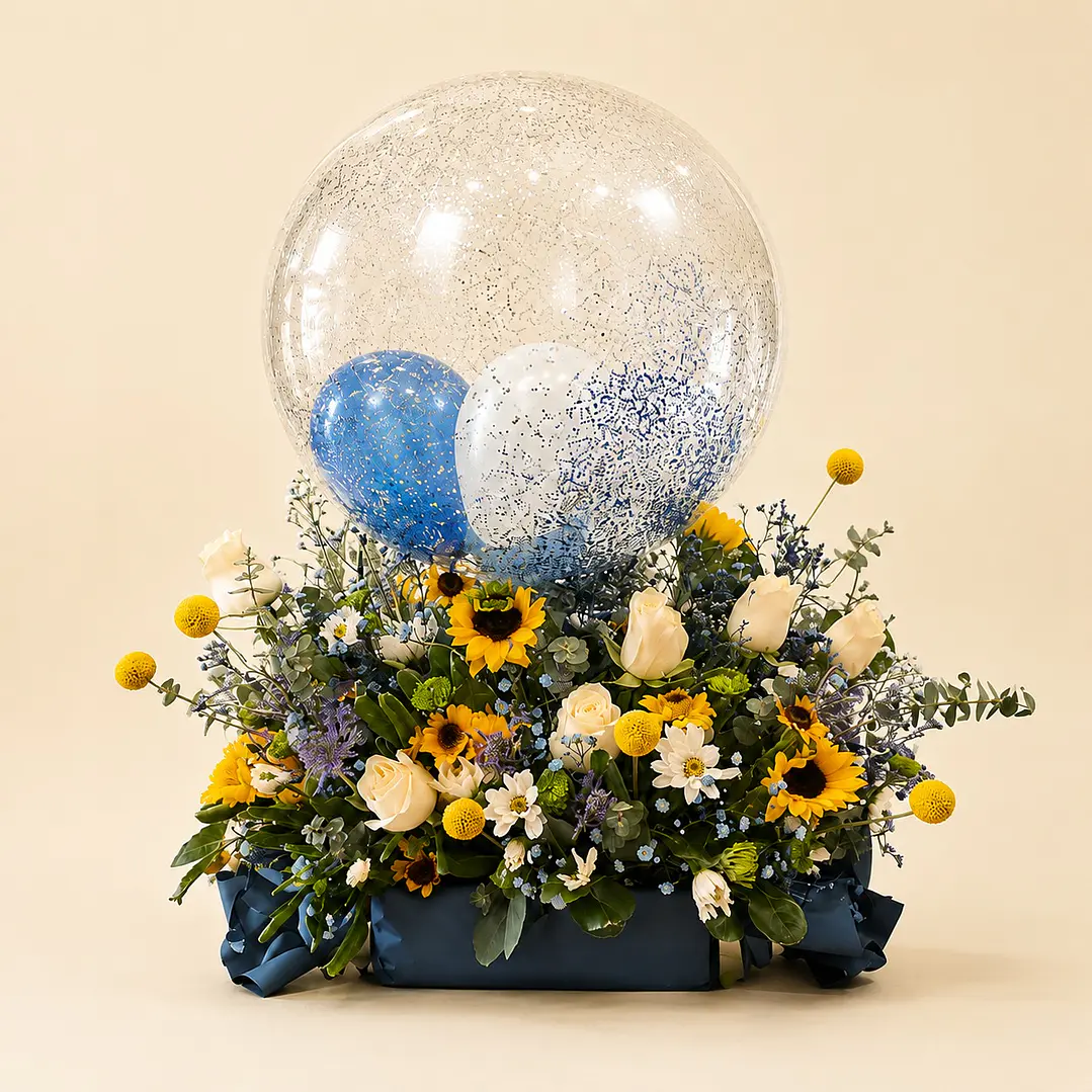 Arreglo Floral con Globo Burbuja Rosas Girasoles 1
