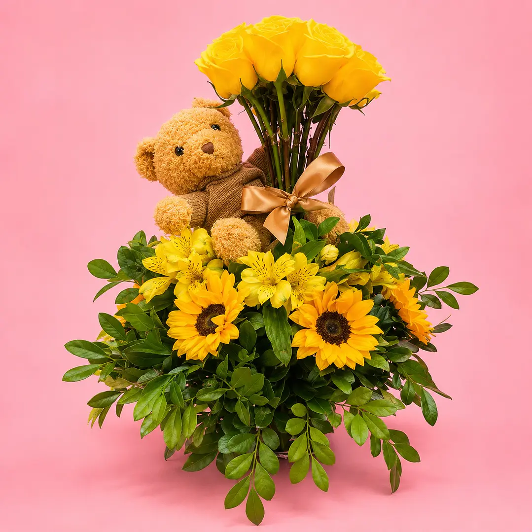 Arreglo Floral Diseño Osito Teddy Con Rosas Y Girasoles 1