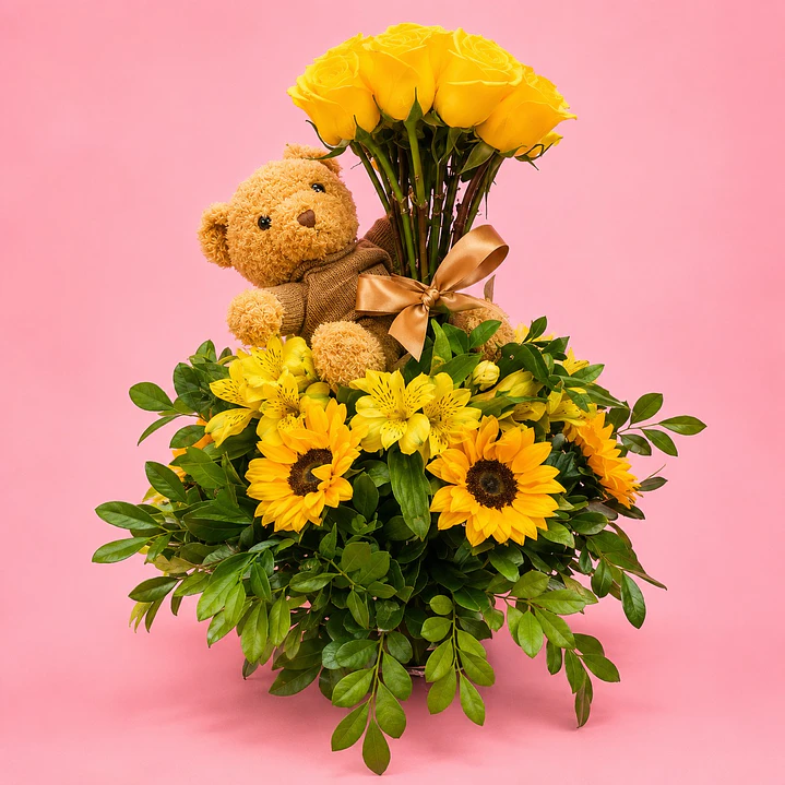 Arreglo Floral Diseño Osito Teddy Con Rosas Y Girasoles 1