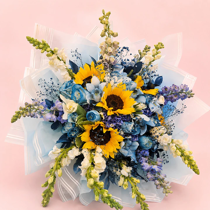 Ramo Esencia Azul Girasoles Orquídeas Rosas  1
