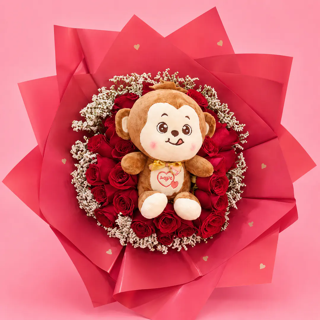 Bouquet Ternurita Rosas Rojas con Peluche 1