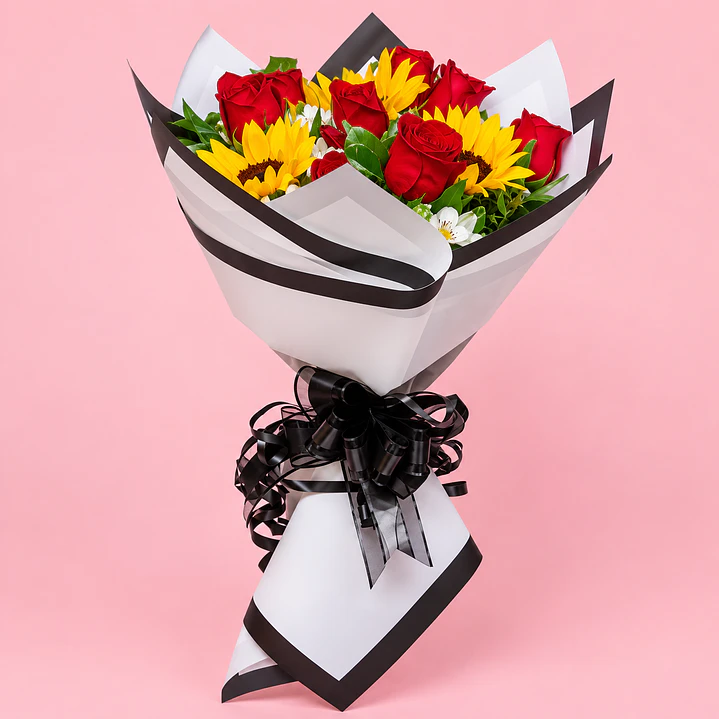 Bouquet Rosas y Mini Girasol 1