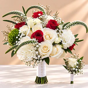 Ramo de Novia Bella y Bestia + Prendedor Floral para Novio 