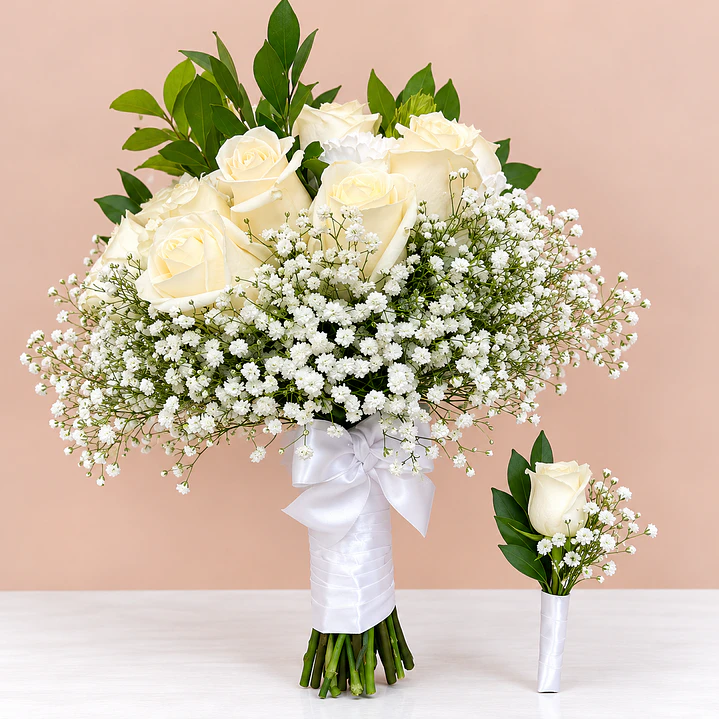 🤍👑 Ramo de Novia Blancanieves + Prendedor Floral para Novio 1