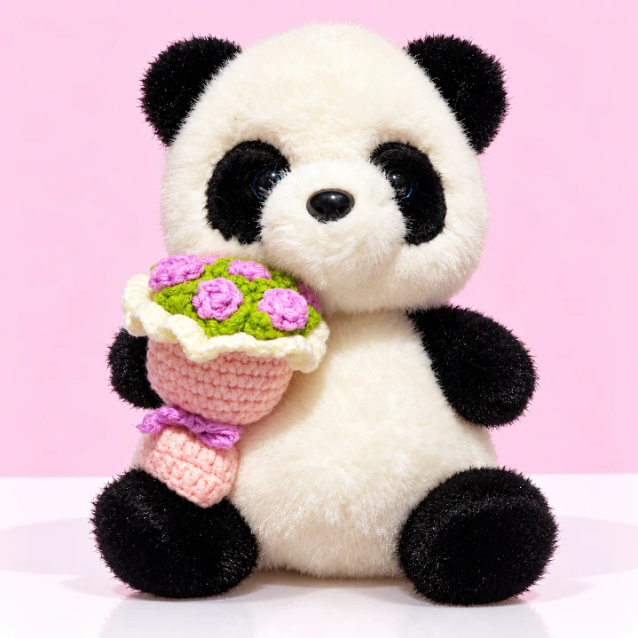 🐼💐 Panda de Peluche con Ramo de Flores Rosadas – Un Abrazo Lleno de Amor 1