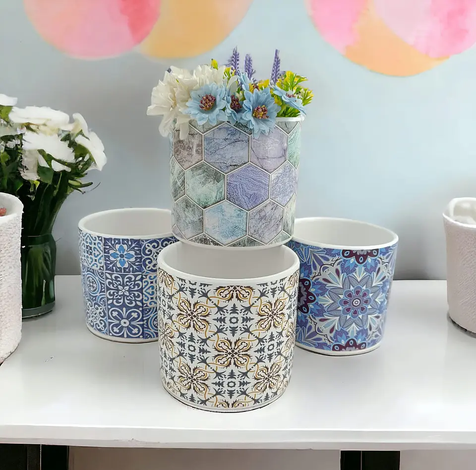 Set de 4 Maceteros de Cerámica con Diseños | Deco Interior para Suculentas y Plantas 3