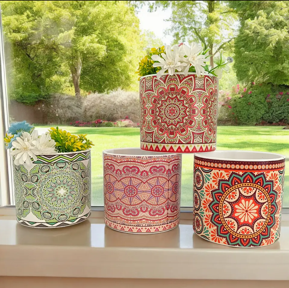 Set de 4 Maceteros de Cerámica con Diseño Mandala – Decoración Interior y Exterior 3