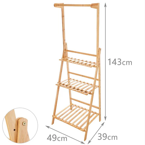 Estantería Escalera de Bambú 3 Niveles con Barra Superior