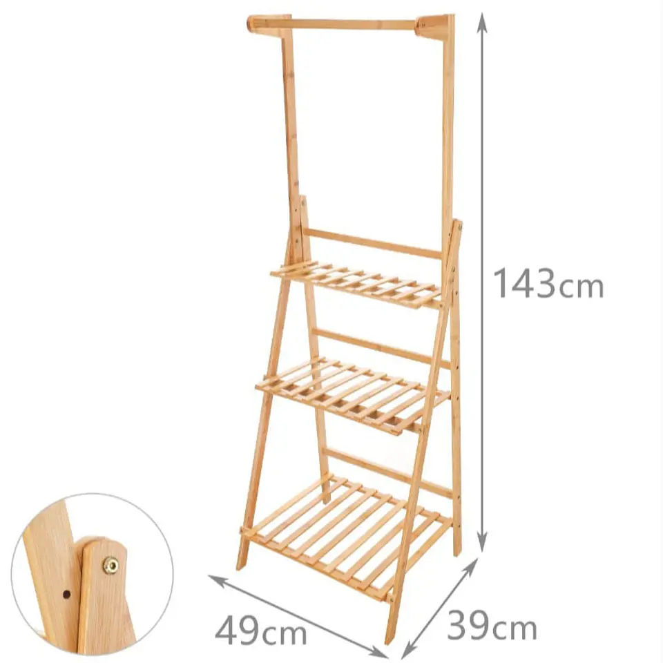 Estantería Escalera de Bambú 3 Niveles con Barra Superior 2
