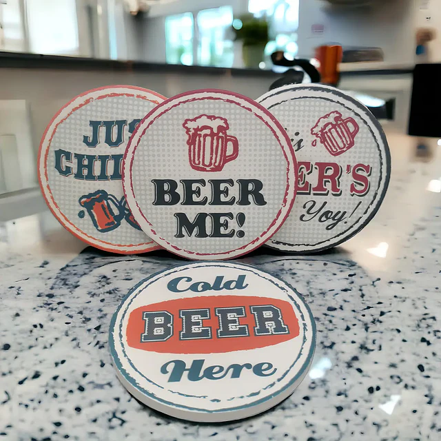 Set 4 Posavasos Redondos Diseño Retro Cervecero