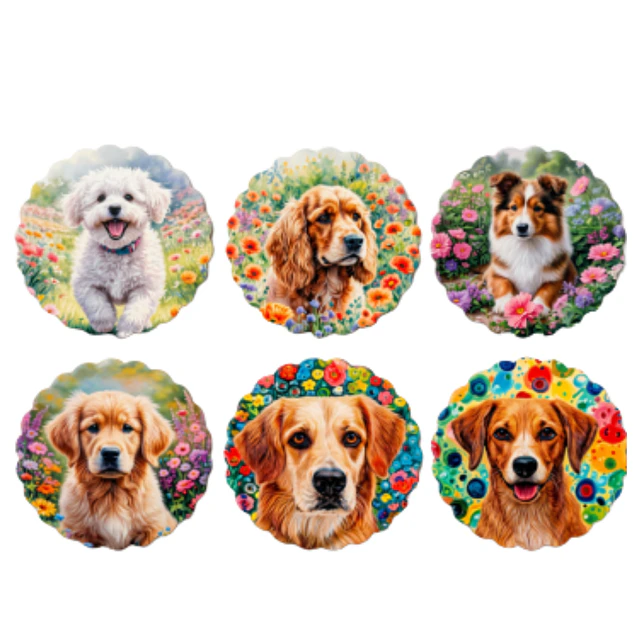 Set 6 Posavasos de Cerámica con Diseño de Perros en Jardín Floral