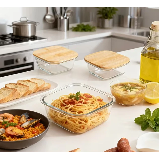 Contenedor de Vidrio con Tapa de Bambú 320 ml