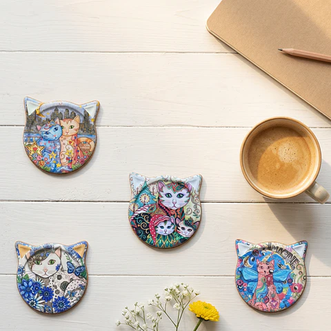 Posavasos Gato Cerámica con Base de Corcho