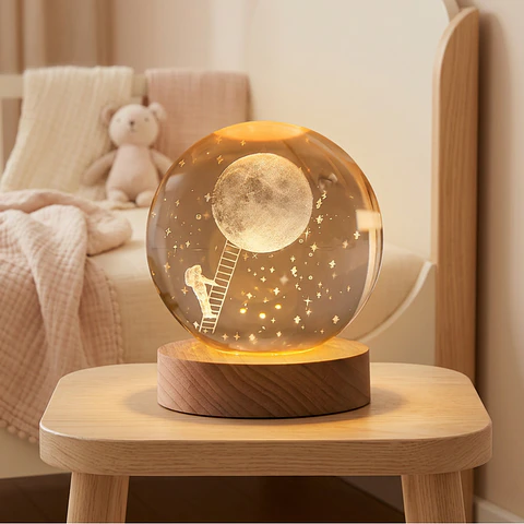 Lámpara 3D Bola de Cristal con Base de Madera LED – Luz Cálida USB