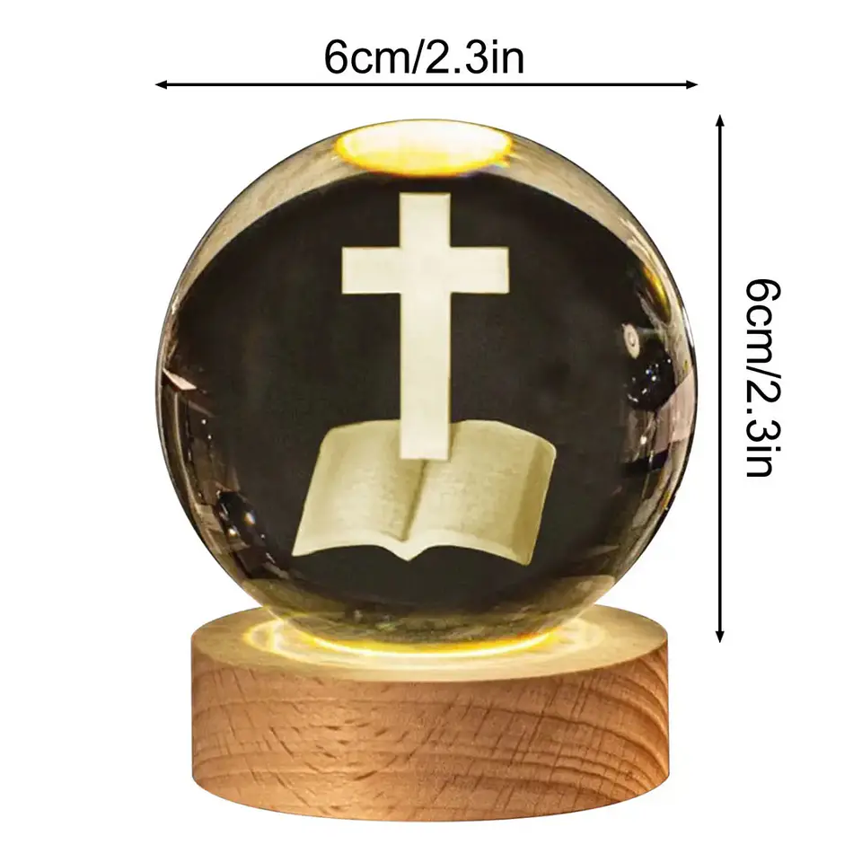 Lámpara 3D Bola de Cristal con Base de Madera LED – Luz Cálida USB 5