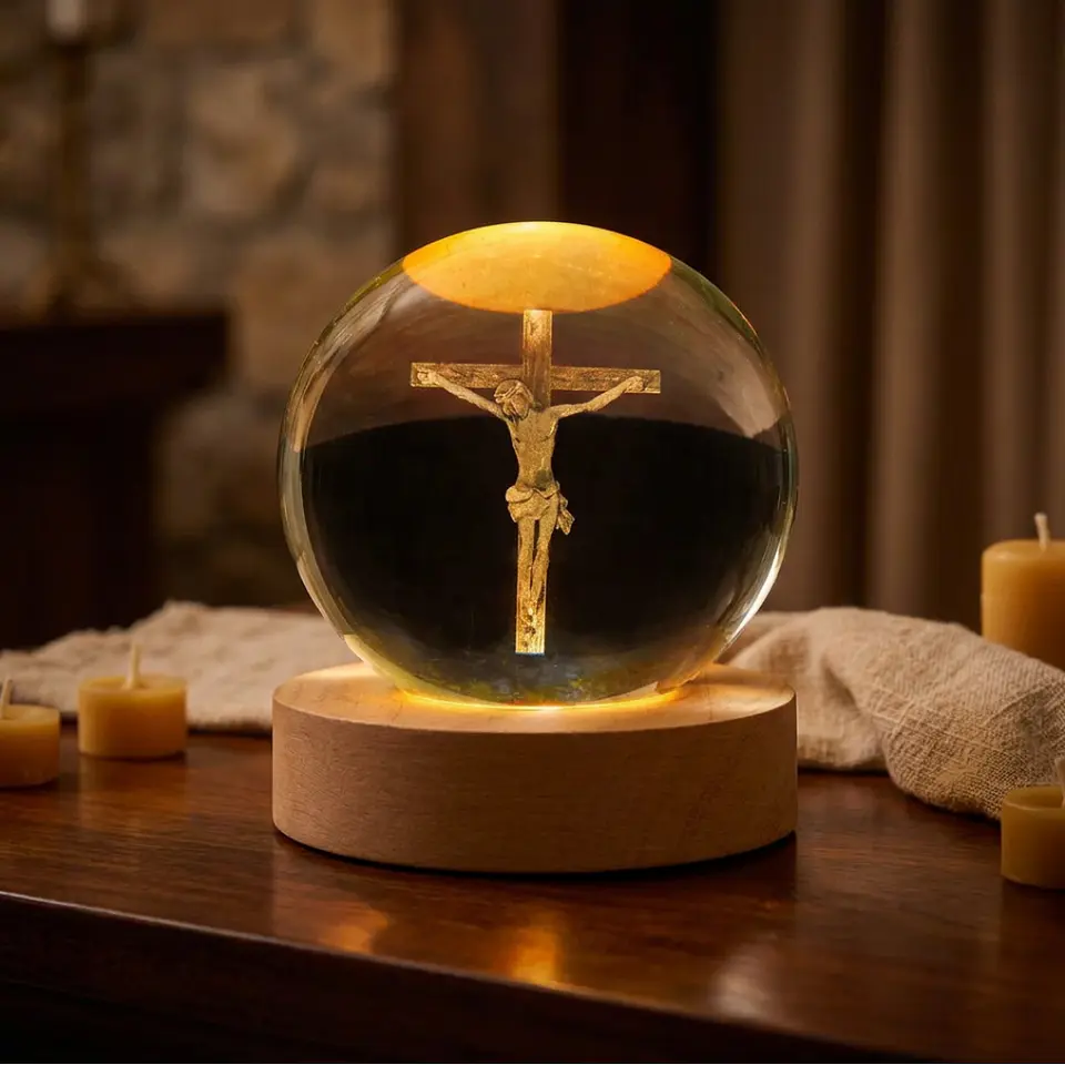 Lámpara 3D Bola de Cristal con Base de Madera LED – Luz Cálida USB 4