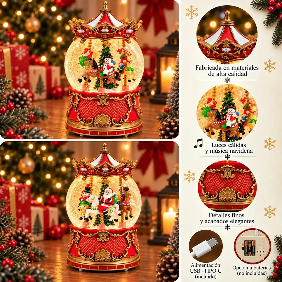Bola de Nieve Musical Carrusel Navideño con Luz LED 5
