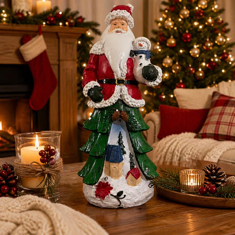 Viejo Pascuero con Muñeco de Nieve y Luz LED 34 cm
