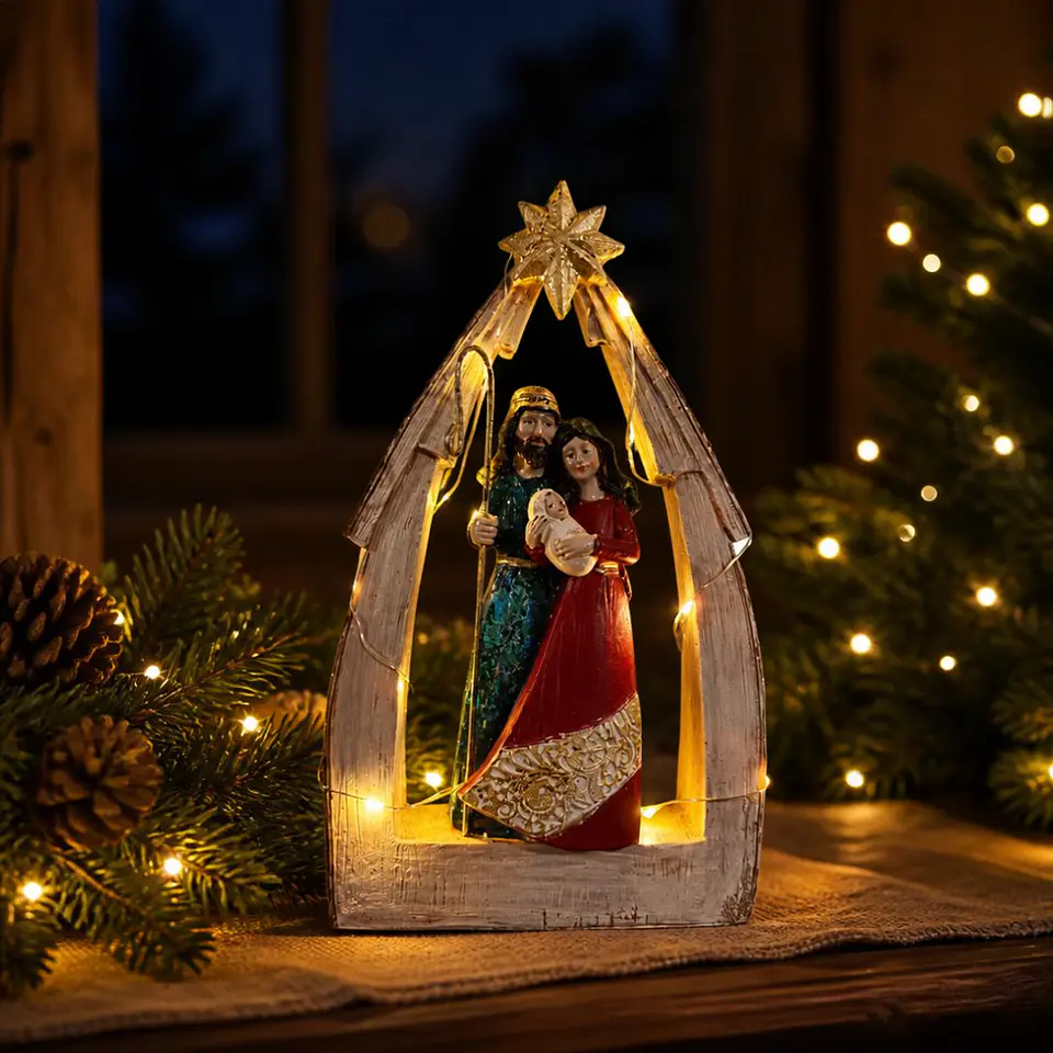 Nacimiento Sagrada Familia en Arco de Madera con Luz 25 cm 3