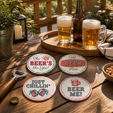 Set 4 Posavasos Redondos Diseño Retro Cervecero