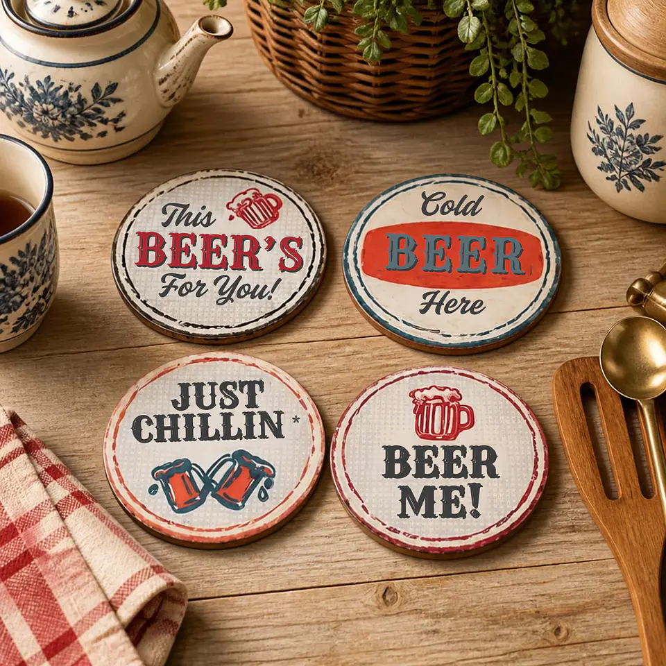 Set 4 Posavasos Redondos Diseño Retro Cervecero 2