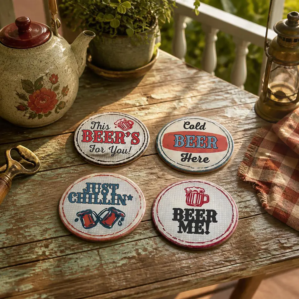 Set 4 Posavasos Redondos Diseño Retro Cervecero 3