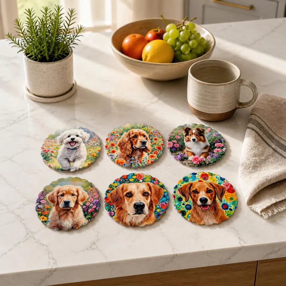 Set 6 Posavasos de Cerámica con Diseño de Perros en Jardín Floral 1