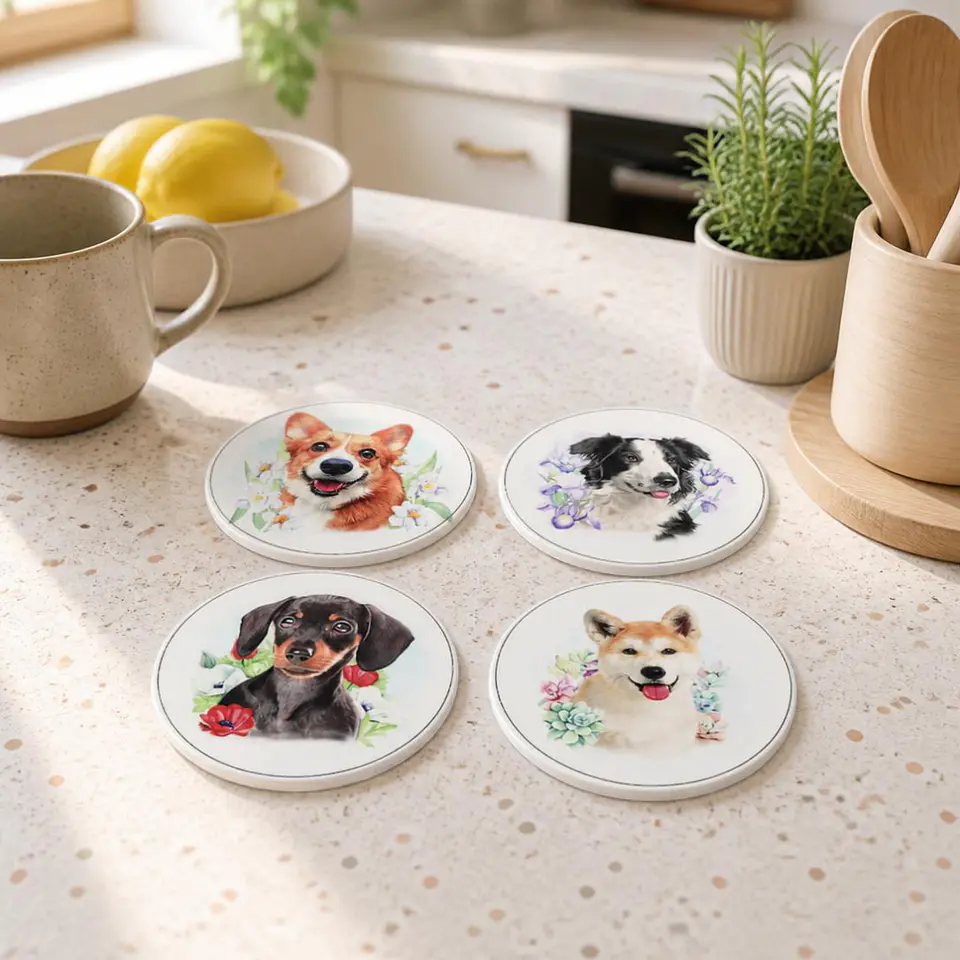 Set 4 Posavasos de Cerámica con Diseño de Perros 1